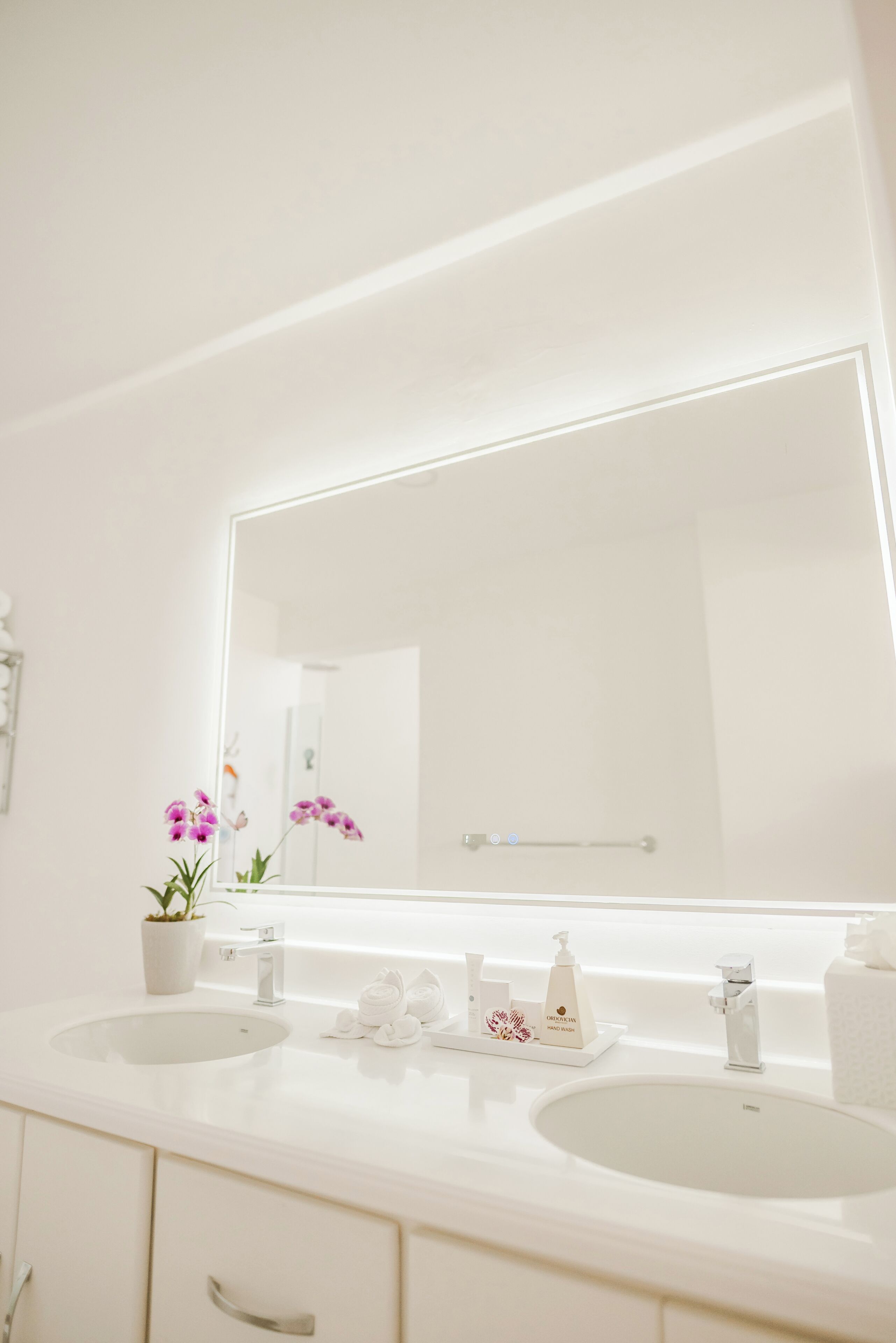 A bathroom with two sinks, a large mirror, and a potted orchid.