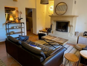Smart TV, chimenea y libros 