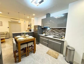 Fridge, microwave, stovetop, electric kettle