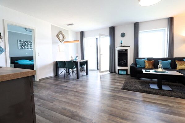 Televisio, takka, kirjoja, stereot