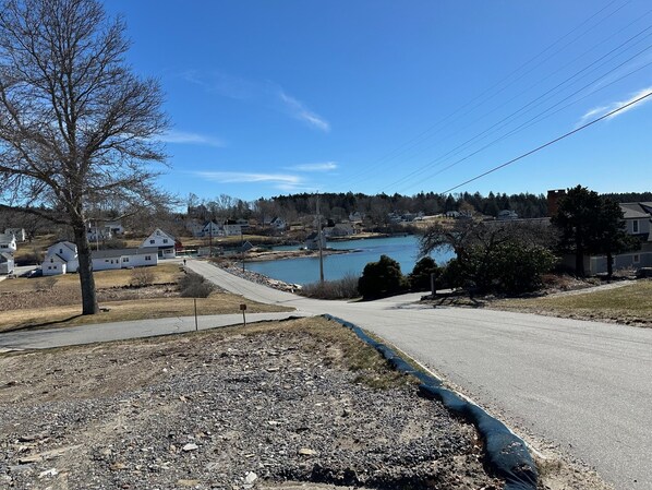 A residential area with houses, a road, and a body of water.