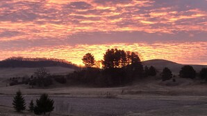 Un coucher de soleil sur un paysage vallonné, parsemé de quelques arbres, sous un ciel dégagé.