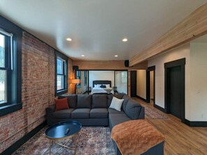 55-inch Smart TV with digital channels, fireplace, streaming services