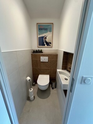 Douche, séchoir à cheveux, serviettes fournies