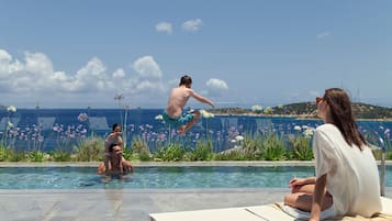 Indoor pool, seasonal outdoor pool, pool umbrellas, pool loungers
