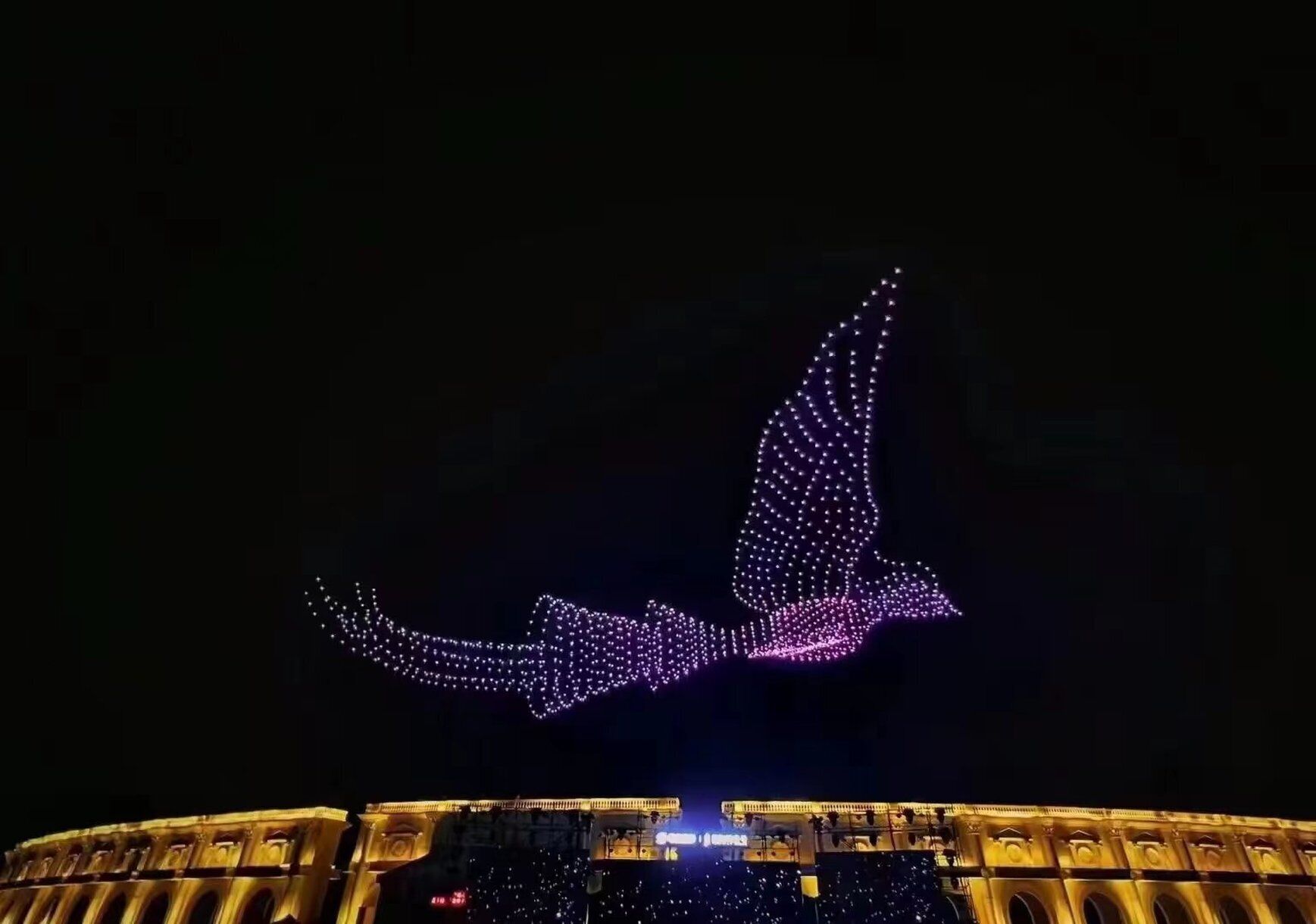 Una gran escultura de un pájaro iluminado por la noche.