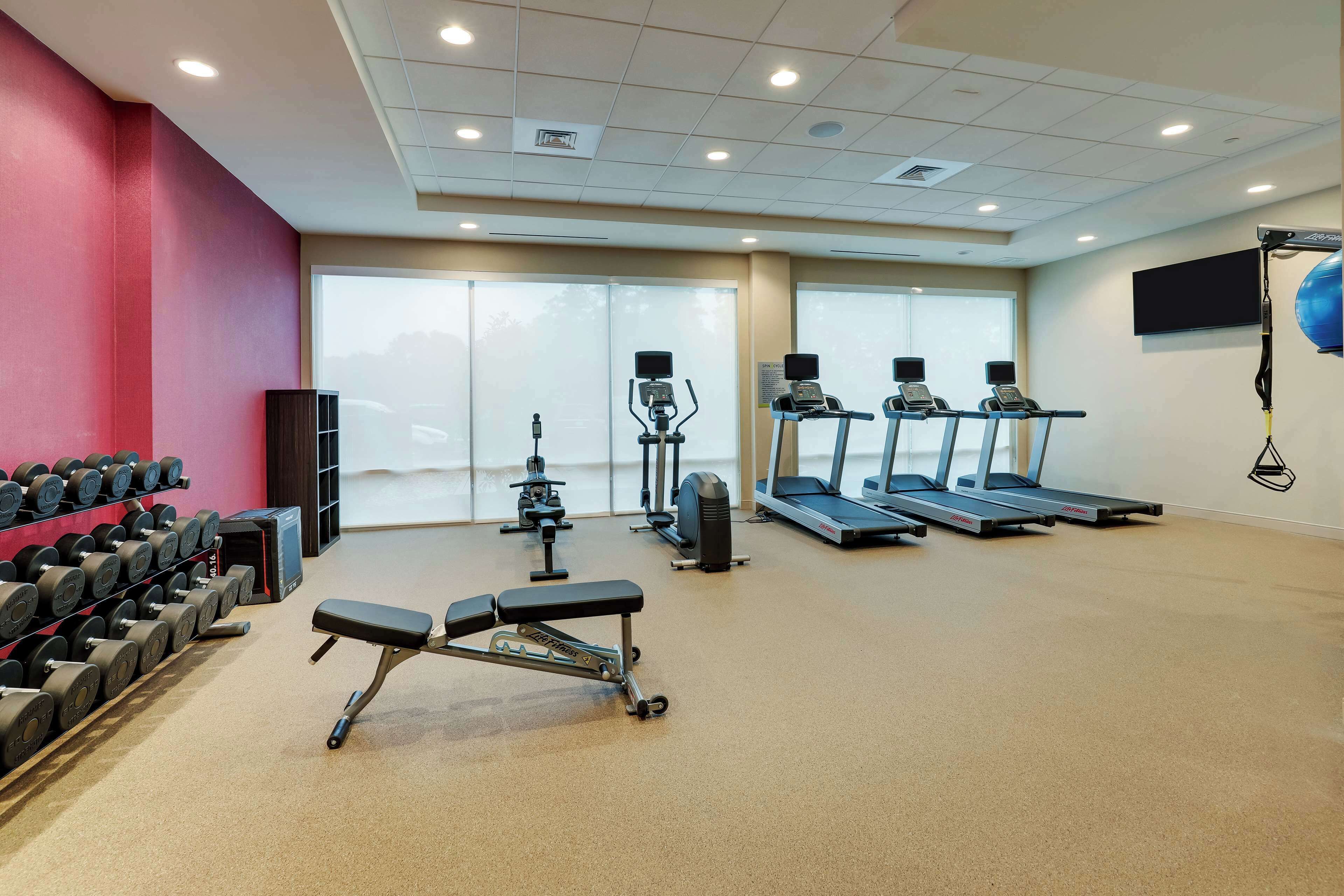 A gym with treadmills, dumbbells, and weight machines.