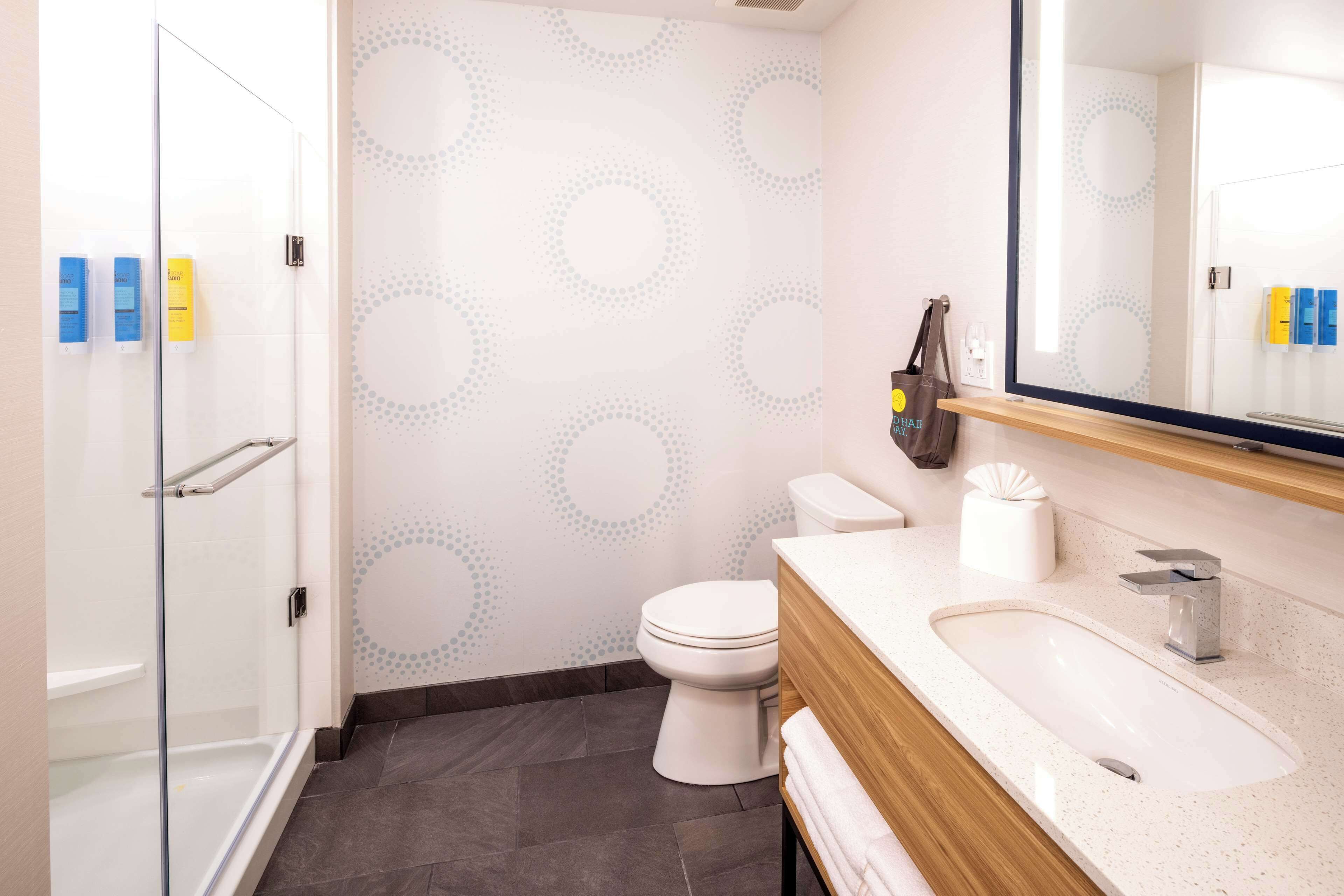 A modern bathroom with a glass shower enclosure, a toilet, and a sink with a mirror above it.