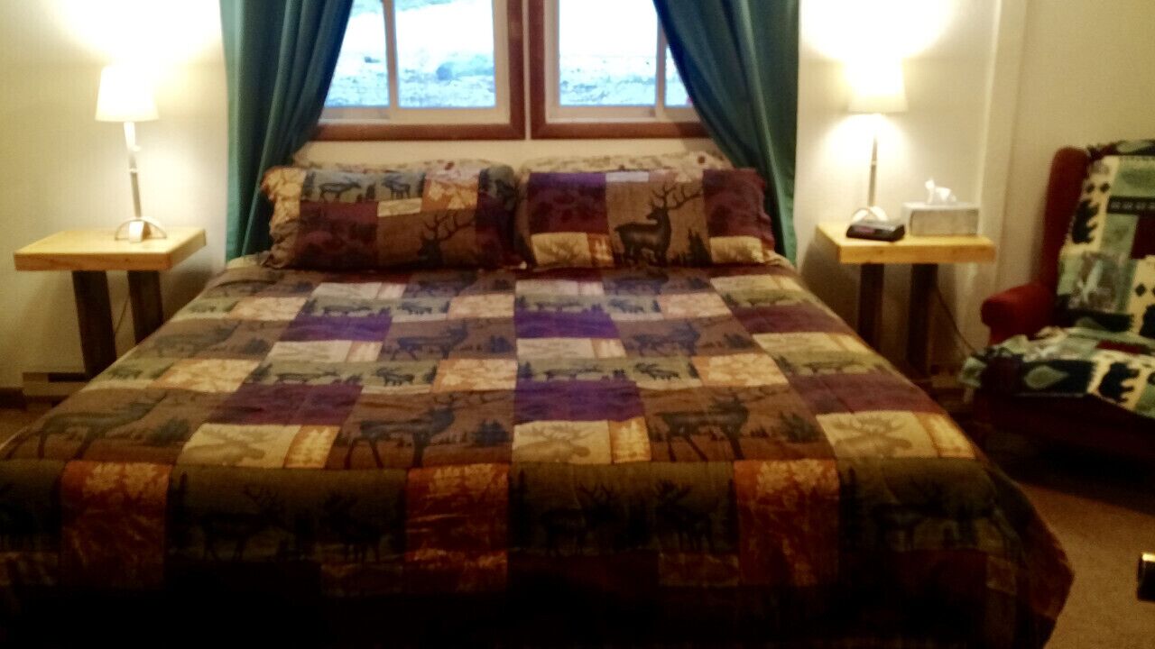 A bed with a quilt featuring animal prints, flanked by two bedside tables with lamps, a chair with a patterned cushion, and a window with curtains.