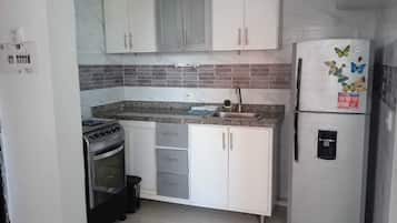 Refrigerador, horno, utensilios de cocina y condimentos