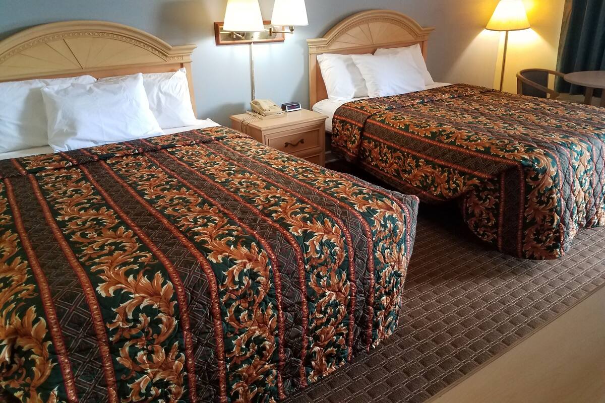 A hotel room with two beds, each with a patterned bedspread, a bedside table with a lamp, and a phone.