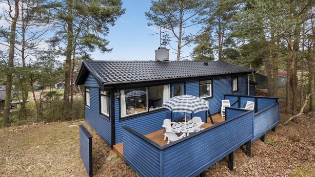 Eine blaue Holzhütte mit einer Terrasse, großen Fenstern und einer Satellitenschüssel.