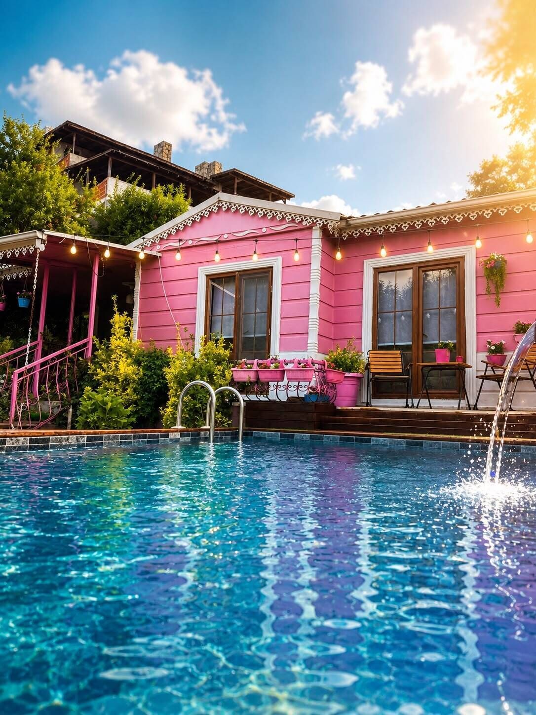 A pink building with a pool, surrounded by greenery and a clear sky.