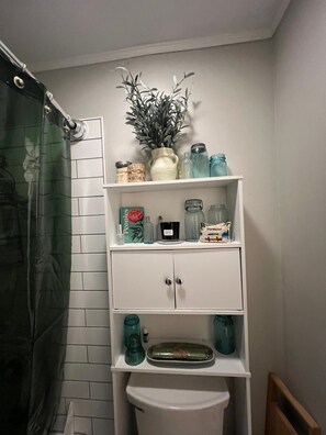 Hair dryer, towels, soap, shampoo