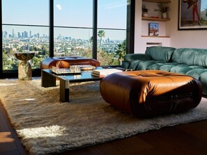 Smart TV, fireplace, books, stereo