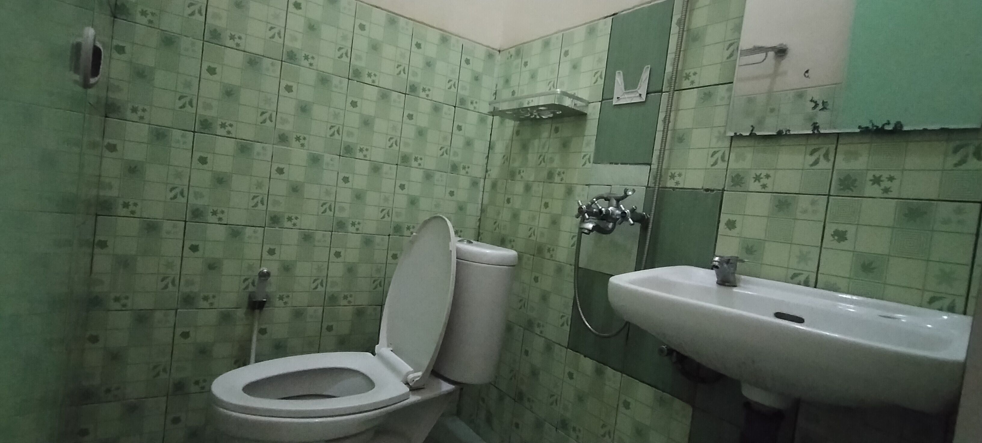 Un baño con inodoro y lavamanos, ambos con sanitarios blancos. Las paredes están cubiertas de azulejos con un estampado floral verde.