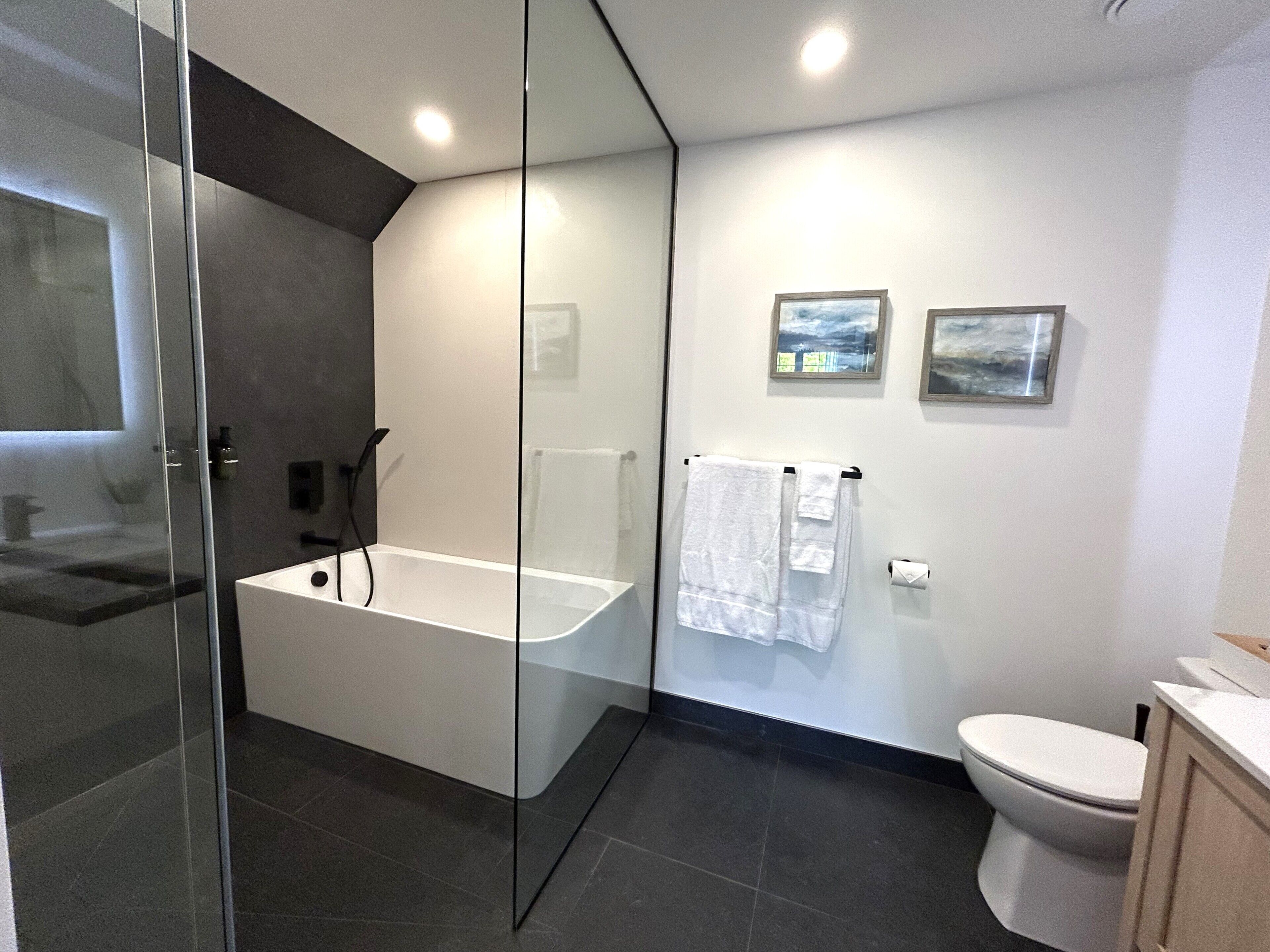 Een moderne badkamer met een douchecabine van glas, een vrijstaand bad, een toilet en twee ingelijste foto's aan de muur.