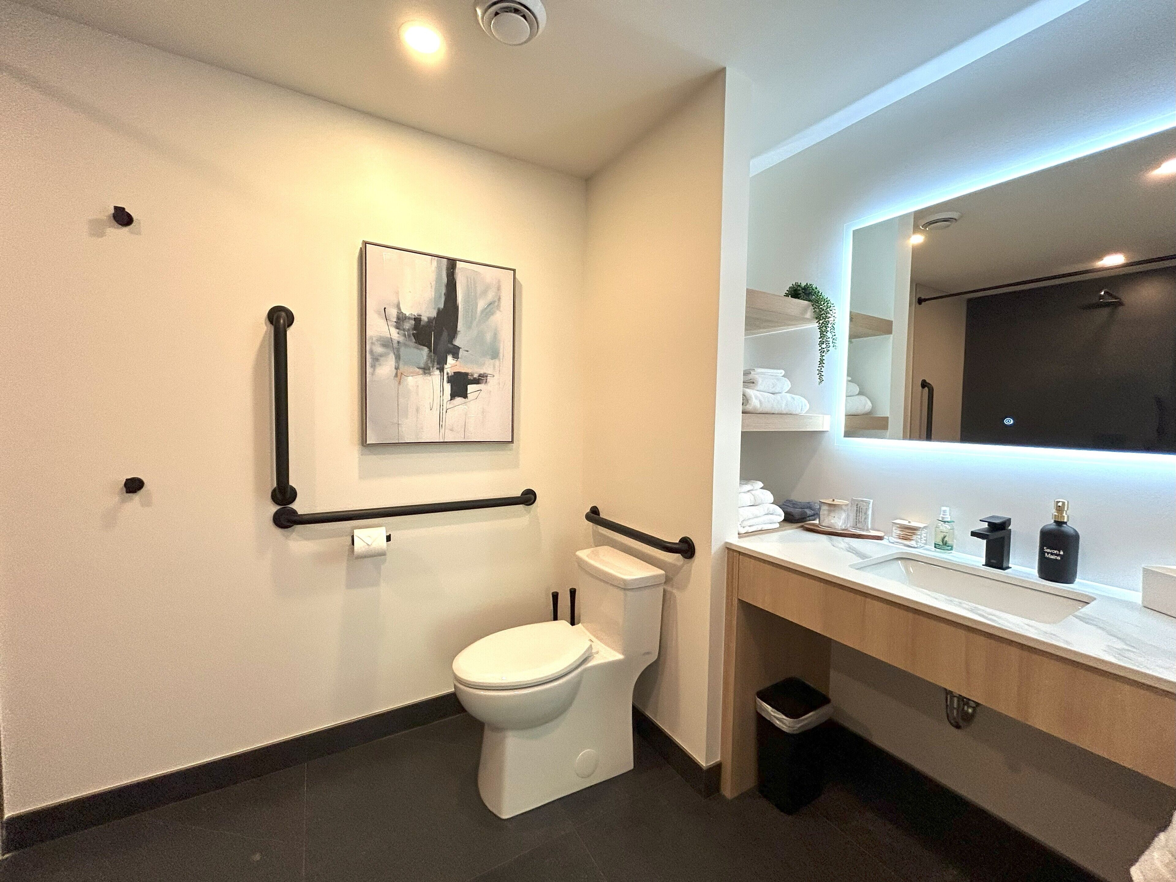 Une salle de bain moderne équipée de toilettes, de barres d’appui, d’un lavabo avec un miroir et d’une poubelle.