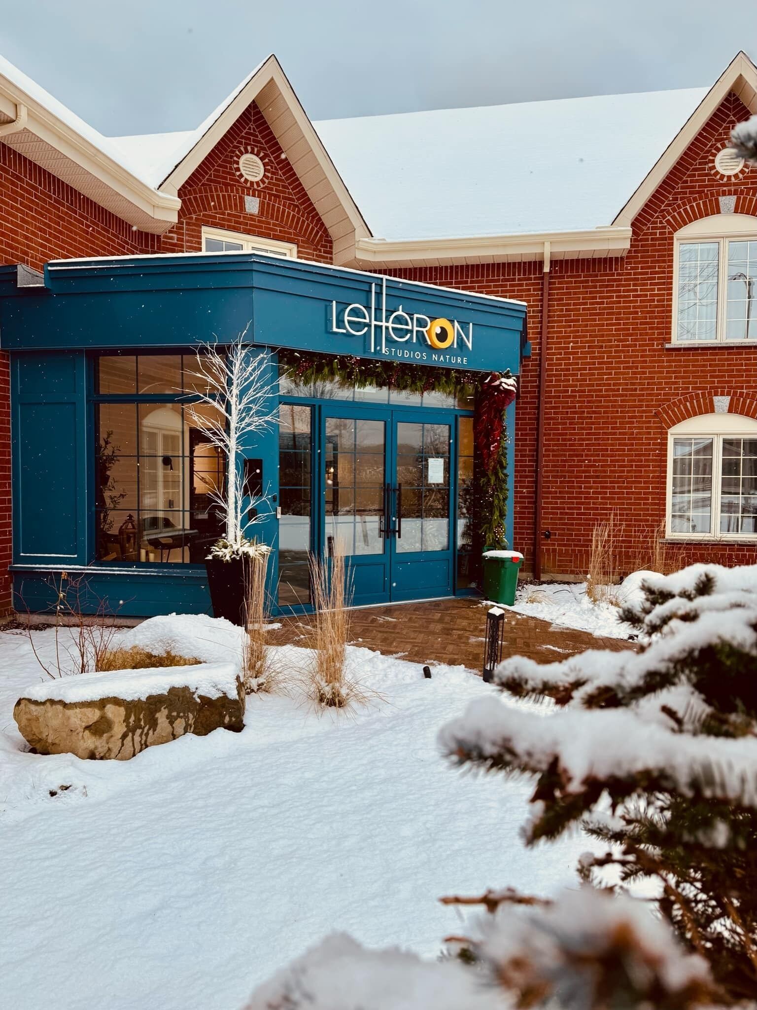 A brick building with a blue storefront labeled "Letteron Studios Nature."