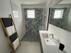 Douche, sèche-cheveux, serviettes fournies, savon