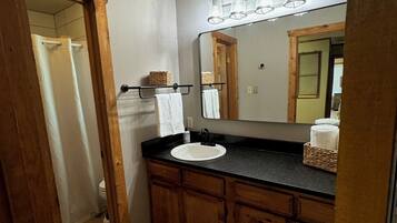 Shower, hair dryer, towels, toilet paper