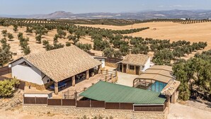 A villa with a tiled roof, outdoor seating, and a swimming pool. - Cozy home in Salar with indoor swimming pool (Salar)