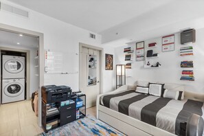 1 bedroom, desk, iron/ironing board, travel cot