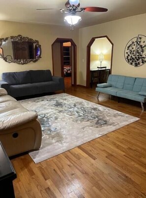 Smart TV, fireplace, books