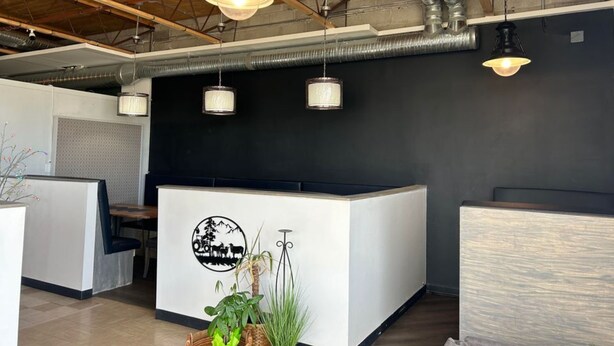 A reception area with a modern design, featuring a reception desk, seating area, and decorative plants. - PARKSIDE INN (Grande Prairie)