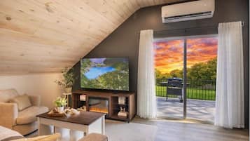 TV connectée, cheminée, livres