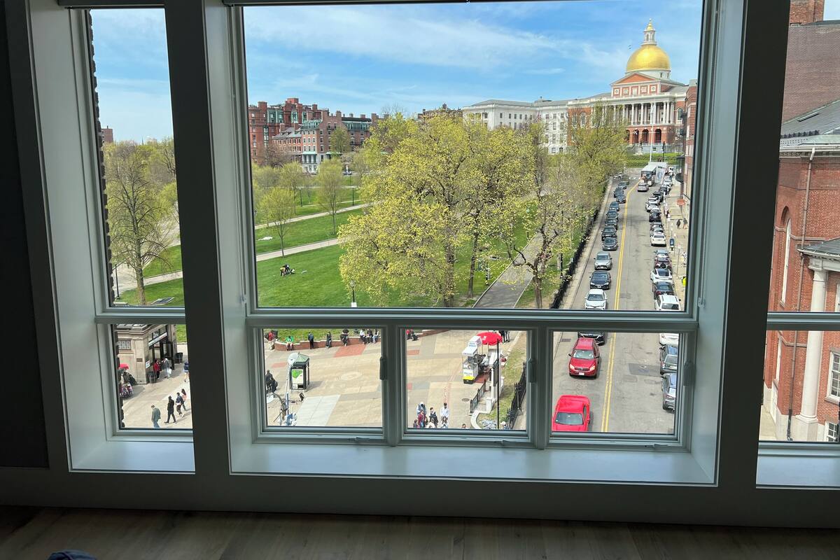 A view from a window with multiple panes, overlooking a cityscape with buildings, a green park, and a street with parked cars.