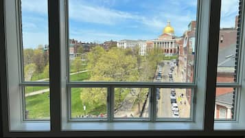 Vista a través de una ventana que muestra un edificio con una gran cúpula dorada, un césped verde y una calle con coches estacionados.