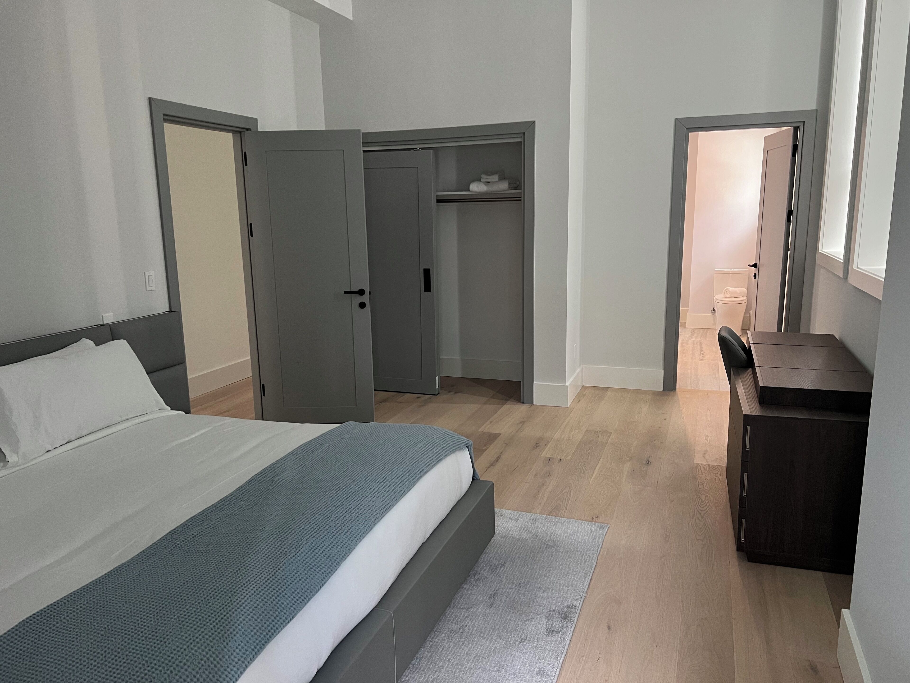 A bedroom with a bed, a desk, and a walk-in closet.