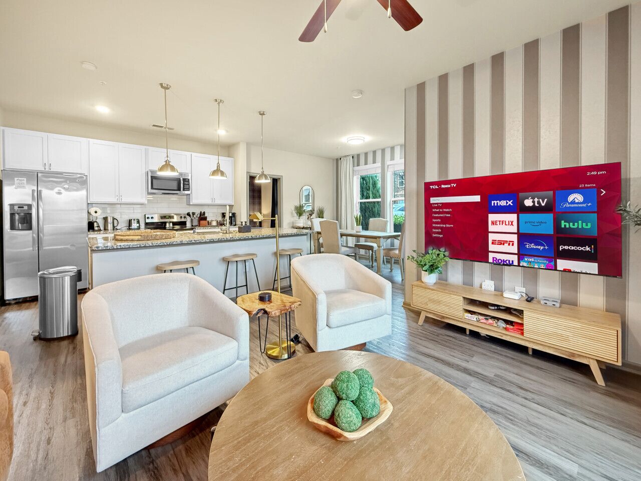 Smart TV, fireplace, video games, offices