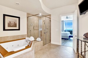 Shower, jetted tub, hair dryer, towels