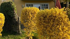 Et toetagers hus med rødt tegltag, en balkon med bord og stole, og gule blomsterbuske i forhaven.