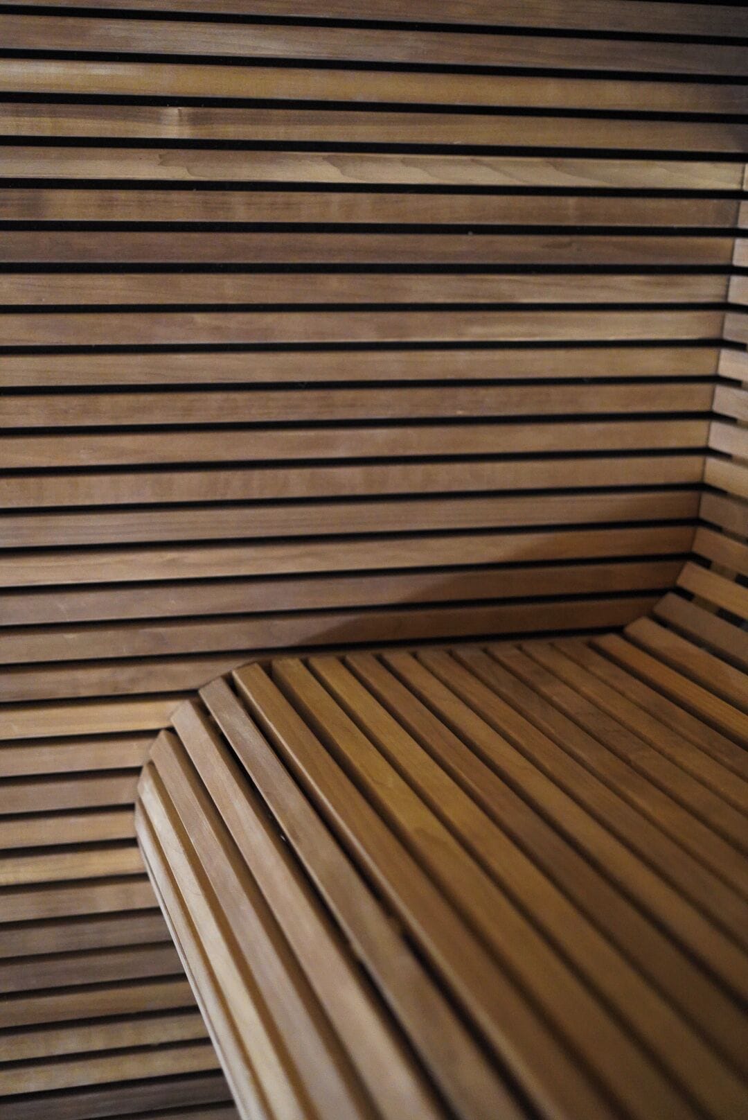 A wooden slatted wall design.