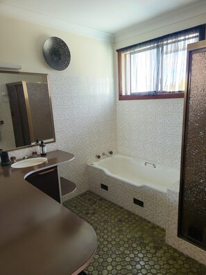 Shower, towels, soap, toilet paper