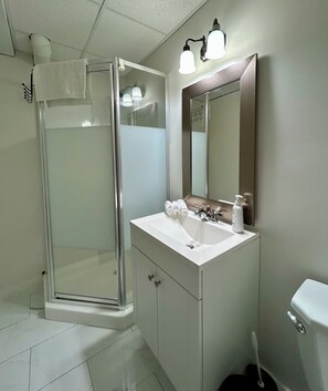 Ducha, secador de pelo, toallas y jabón