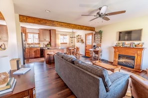 Smart TV, fireplace, books