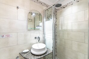 Shower, hair dryer, towels