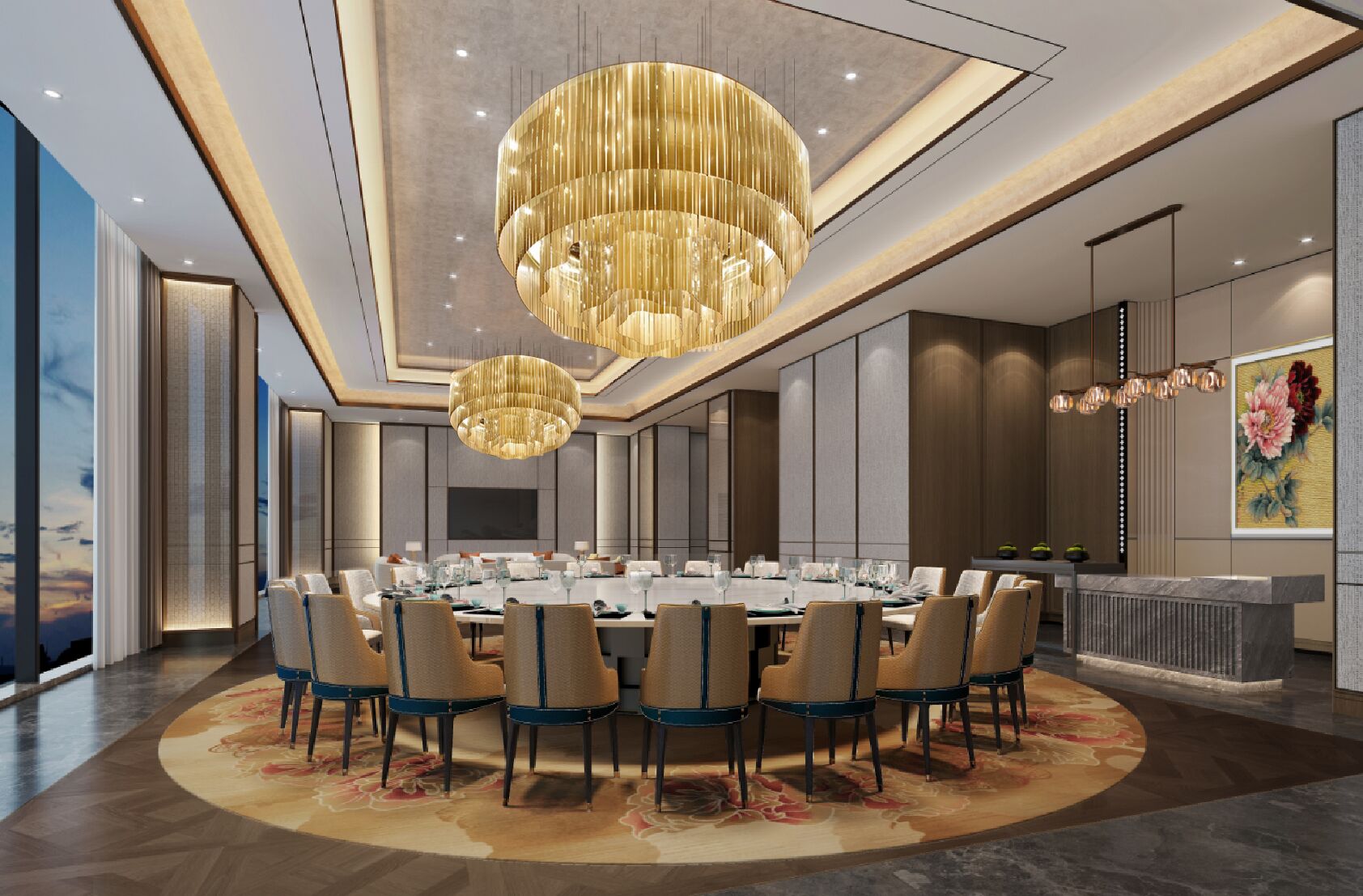 A modern conference room with a round table, multiple chairs, and two large chandeliers.