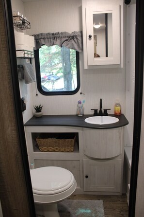 Shower, towels, soap, toilet paper