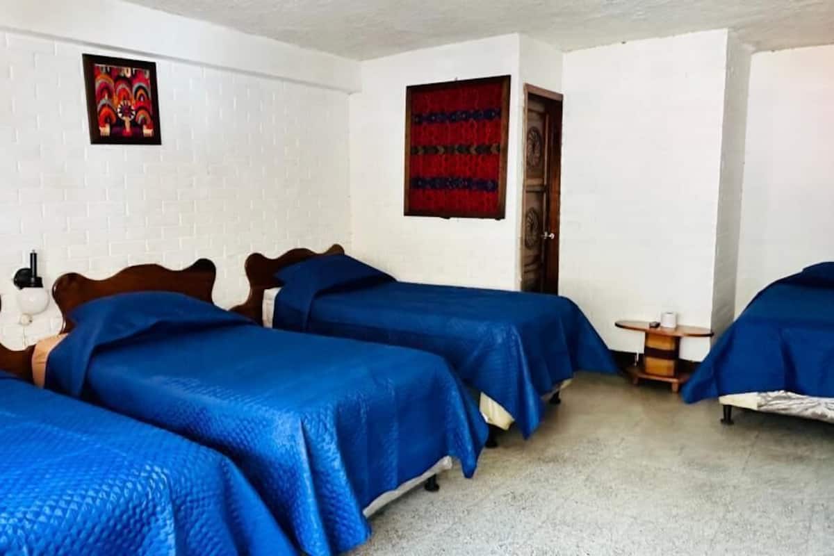 A room with three beds, each with a blue bedspread, white walls, and a door with a red curtain.