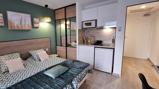 A bedroom with a bed, a small kitchenette, and a bathroom. - Studio Cosy le Natureavec Parking Fermé (Lourdes)