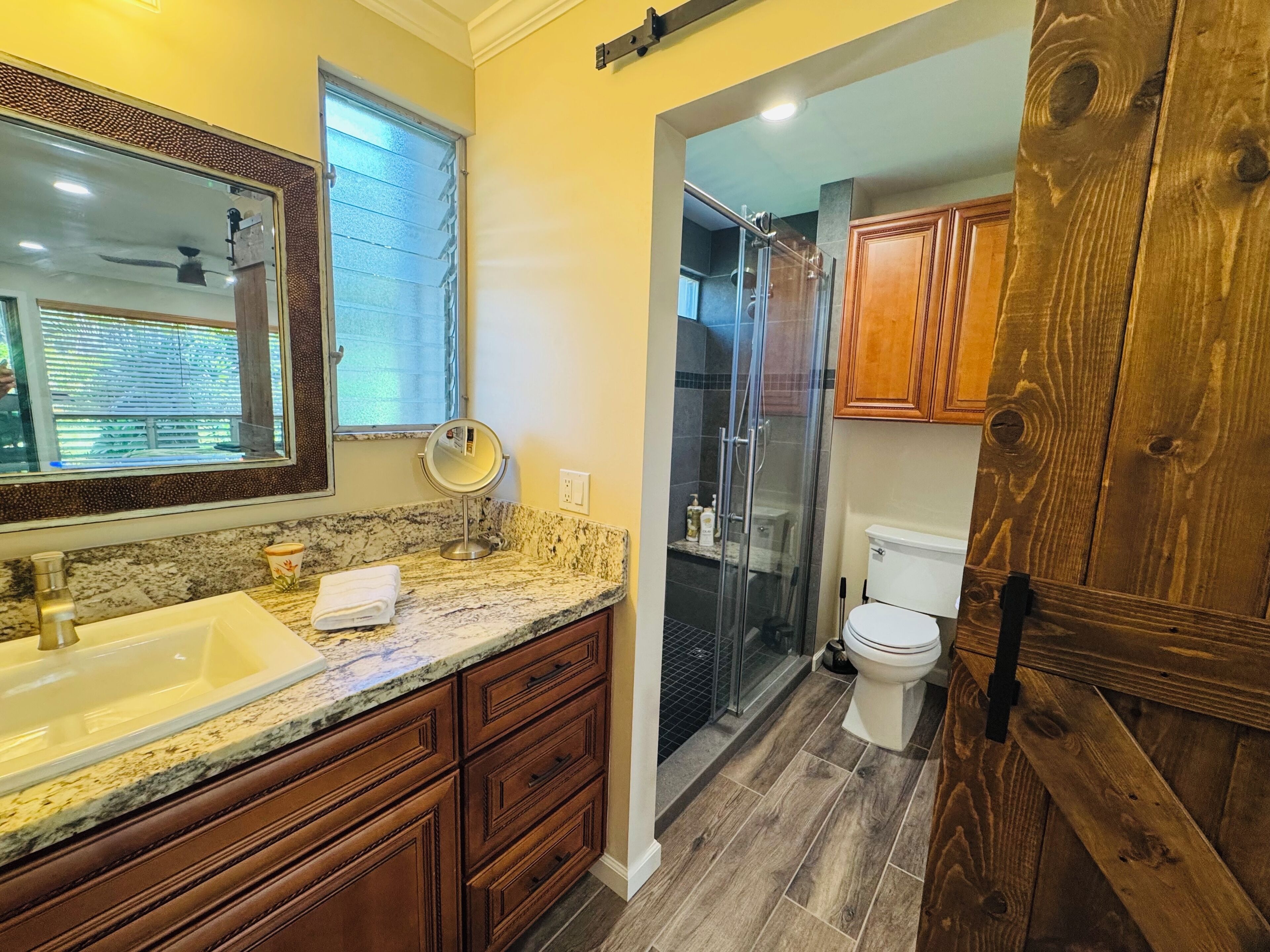 Hair dryer, towels, soap, shampoo