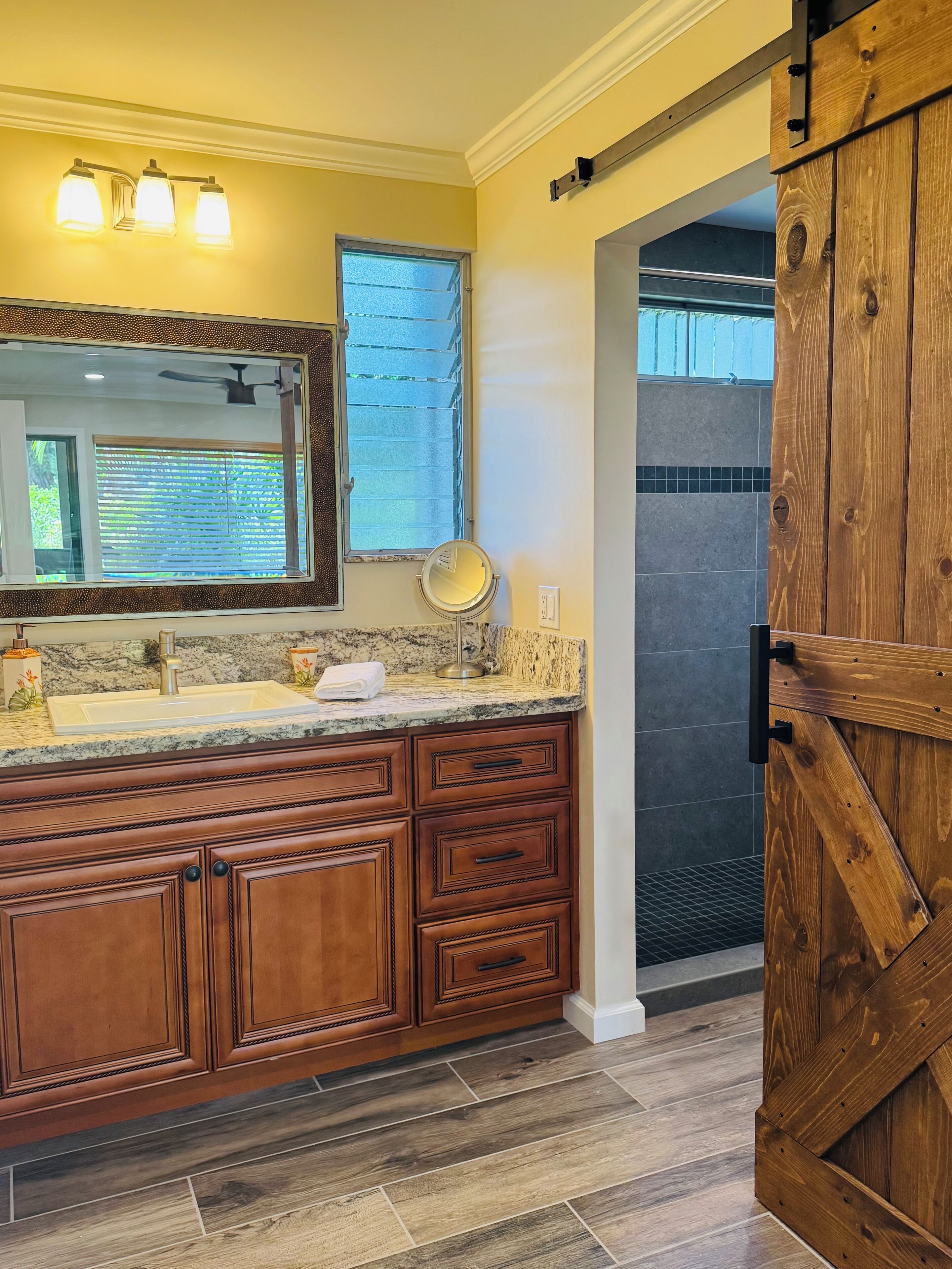 Hair dryer, towels, soap, shampoo