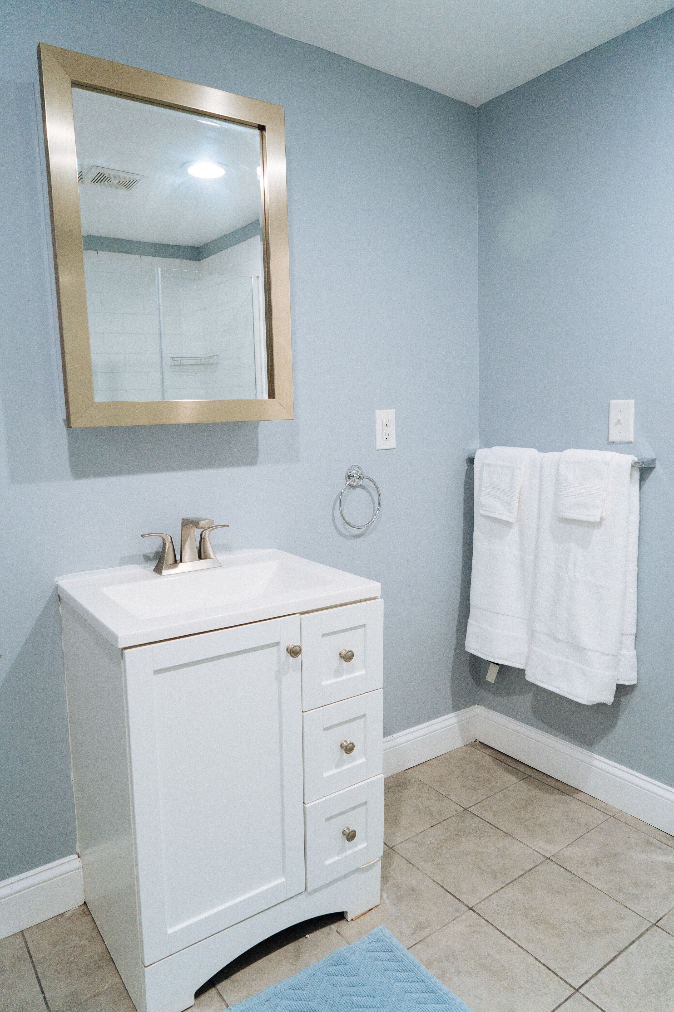 Shower, jetted tub, hair dryer, towels