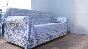 A floral-patterned sofa in a room with light blue walls and a wooden floor.