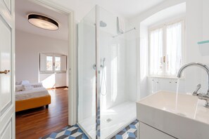 Shower, hair dryer, bidet, towels